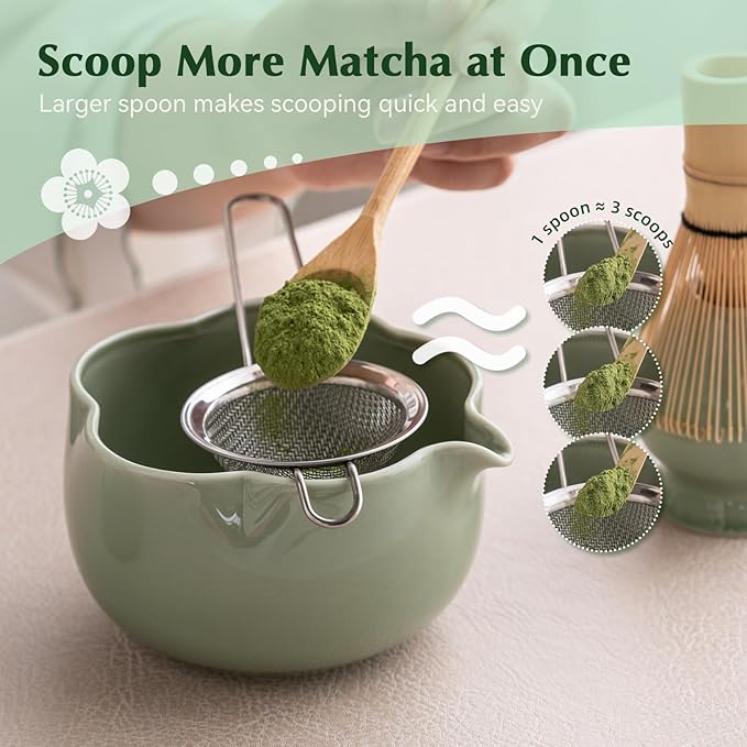 Matcha Set, 8Pcs Floral Ceramic Matcha Set with Matcha Whisk, Holder, Scoop, Scoop Rest, Sifter, Spoon and Tea Towel