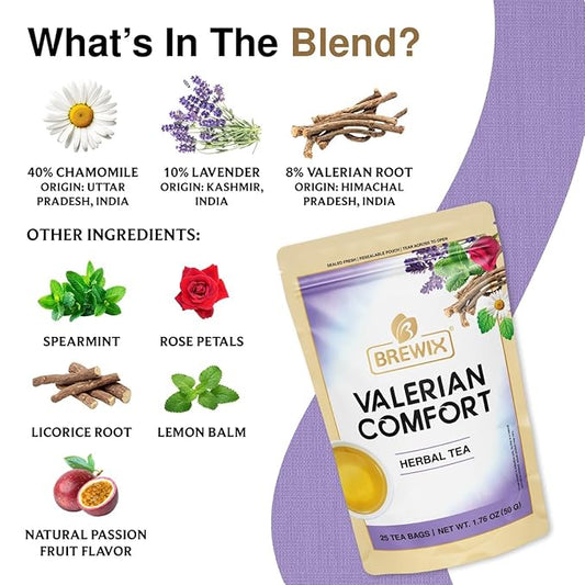 BREWIX, Valerian Comfort Tea for Sleep and Relaxation (25 Pyramid Bags) Caffeine-Free and Calming for Bedtime | Valerian Root, Chamomile & Lavender | Perfect Wellness Sleep