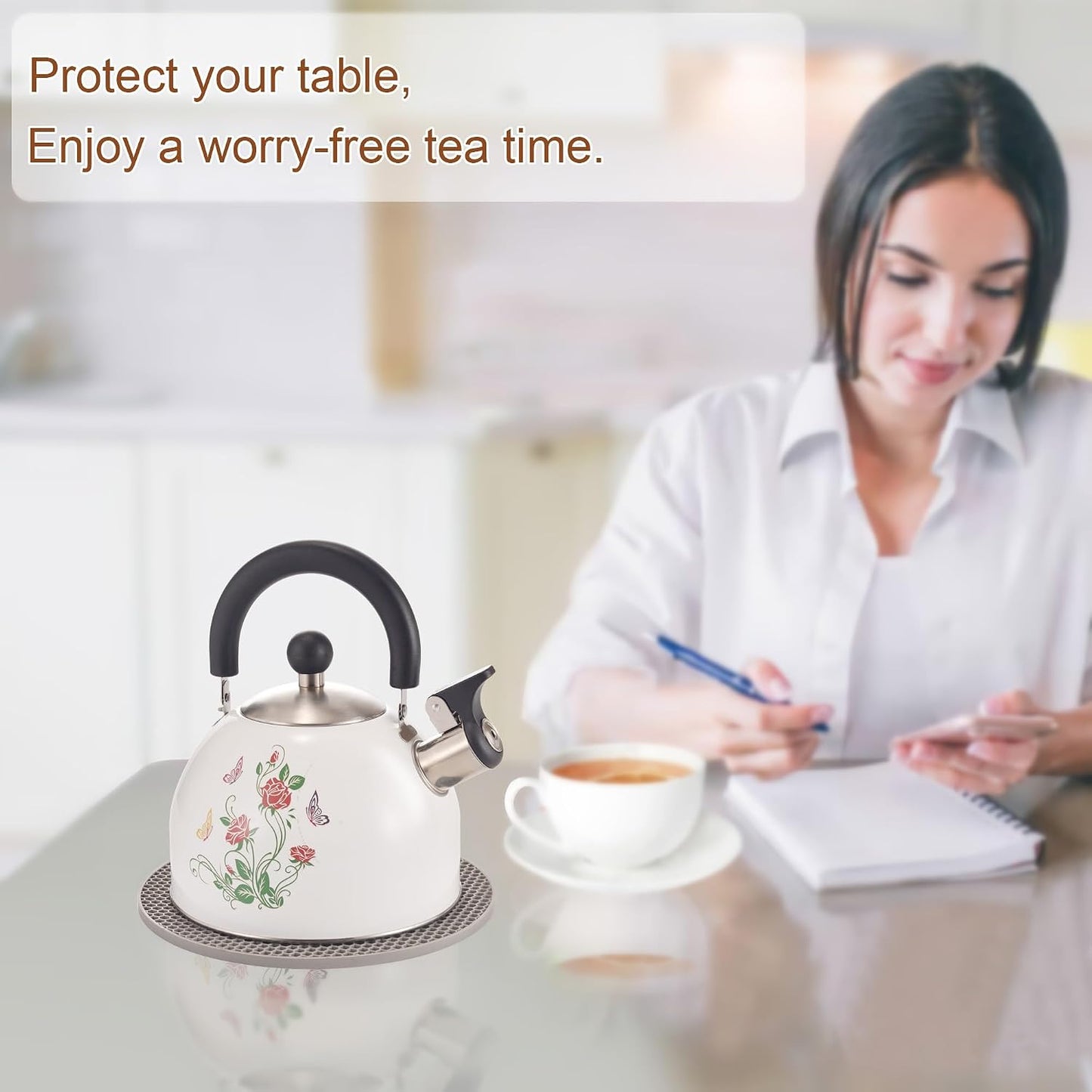 ARC 2 Quart Whistling White Tea Kettle with Magic Color Changing Design | Stainless Steel Stovetop Kettle Whistle Teapot with Folding Cup &amp; Trivet Mat