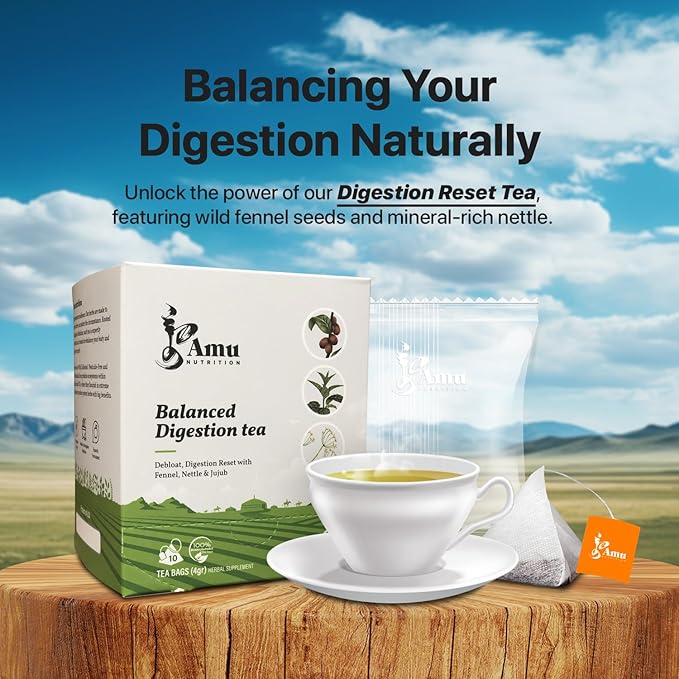 Amu Nutrition's Balanced Digestion Tea with Mongolian Nettle Leaf, Jujube, Fennel - 10 Sugarcane Teabags