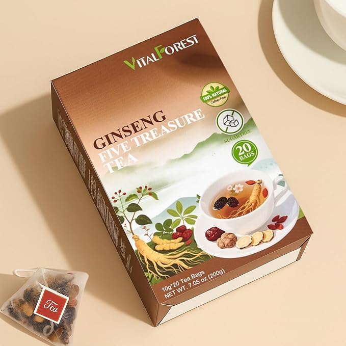 Herbal Tea Formula Ginseng Six Treasure Tea – 10g x 20 Bags Ginseng & Mulberry Herbal Tea Bags, Herbal Tea for Men & Women with Goji, Red Dates & Maca