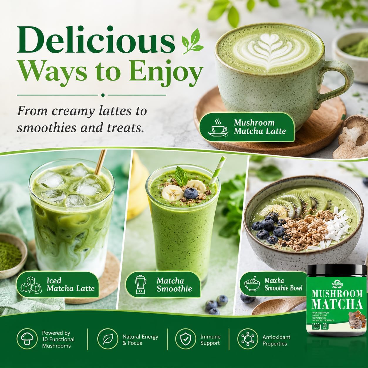 Suiyilary Mushroom Matcha, Ceremonial Matcha Tea Powder with 7 Superfood Mushrooms, Gluten Free, Taste Great Hot or Cold Matcha Latter - 150g 30 Serving