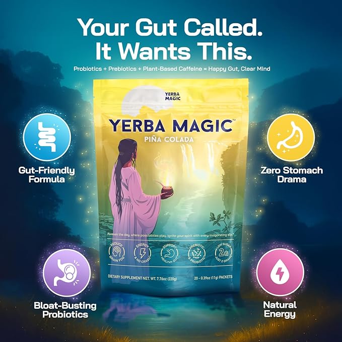 Yerba Magic – Yerba Mate Instant Tea Sticks with Nootropics, Prebiotics & Probiotics – Clean Energy, Mental Clarity & Gut Wellness | Low Sugar, Natural Caffeine – Pina Colada Flavor, 20 Pack