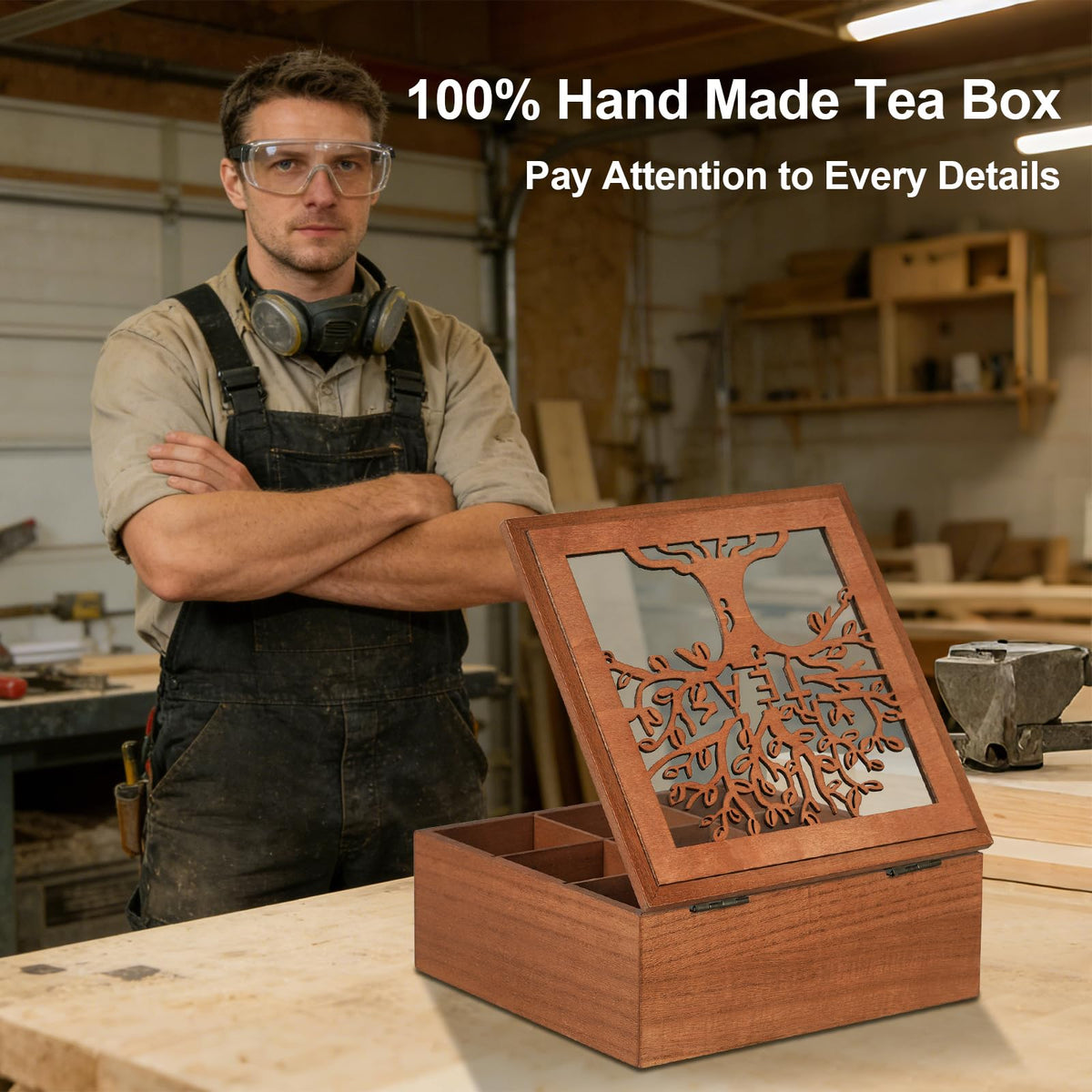 handrong Wood Tea Box Organizer,Tea Organizer and Storage with Tree Pattern
