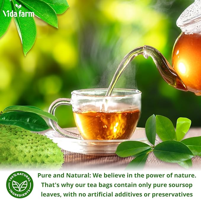 Vida Farm 50 Premium Soursop Tea Bags, 100% Natural Pure Soursop Leaves: Pleasant Taste, Natural Flavor, Caffeine Free, Hojas de Guanabana Para te