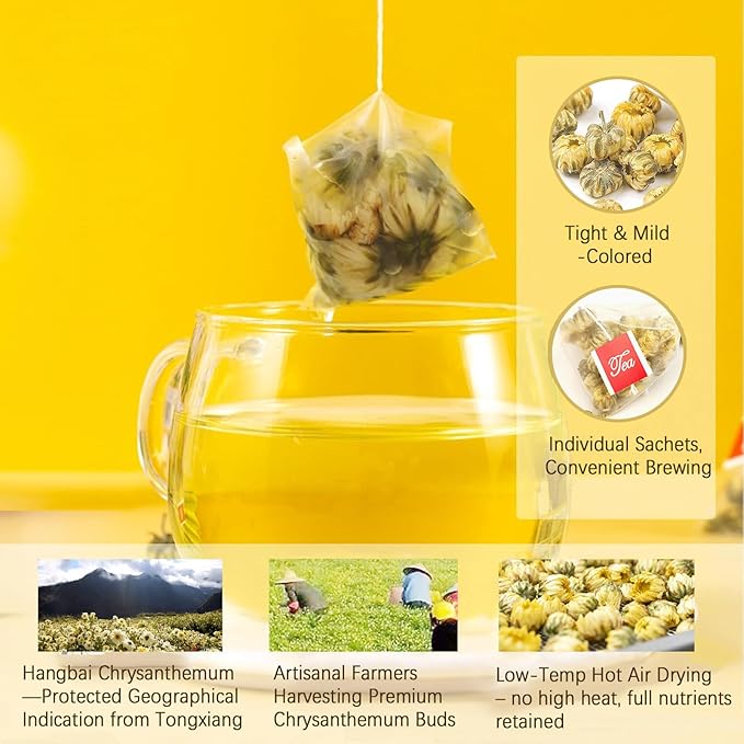 Chrysanthemum Tea, Chrysanthemum Tea Bags, 20×3.5g, 菊花茶, Chinese Herbal Tea, Dried Flower Buds, Light Floral Taste, Sugar-free, Caffeine-Free | Reduce Internal Heat | Relax Mood | Bright Eyes | Smooth Skin | Great for Relaxing Moments