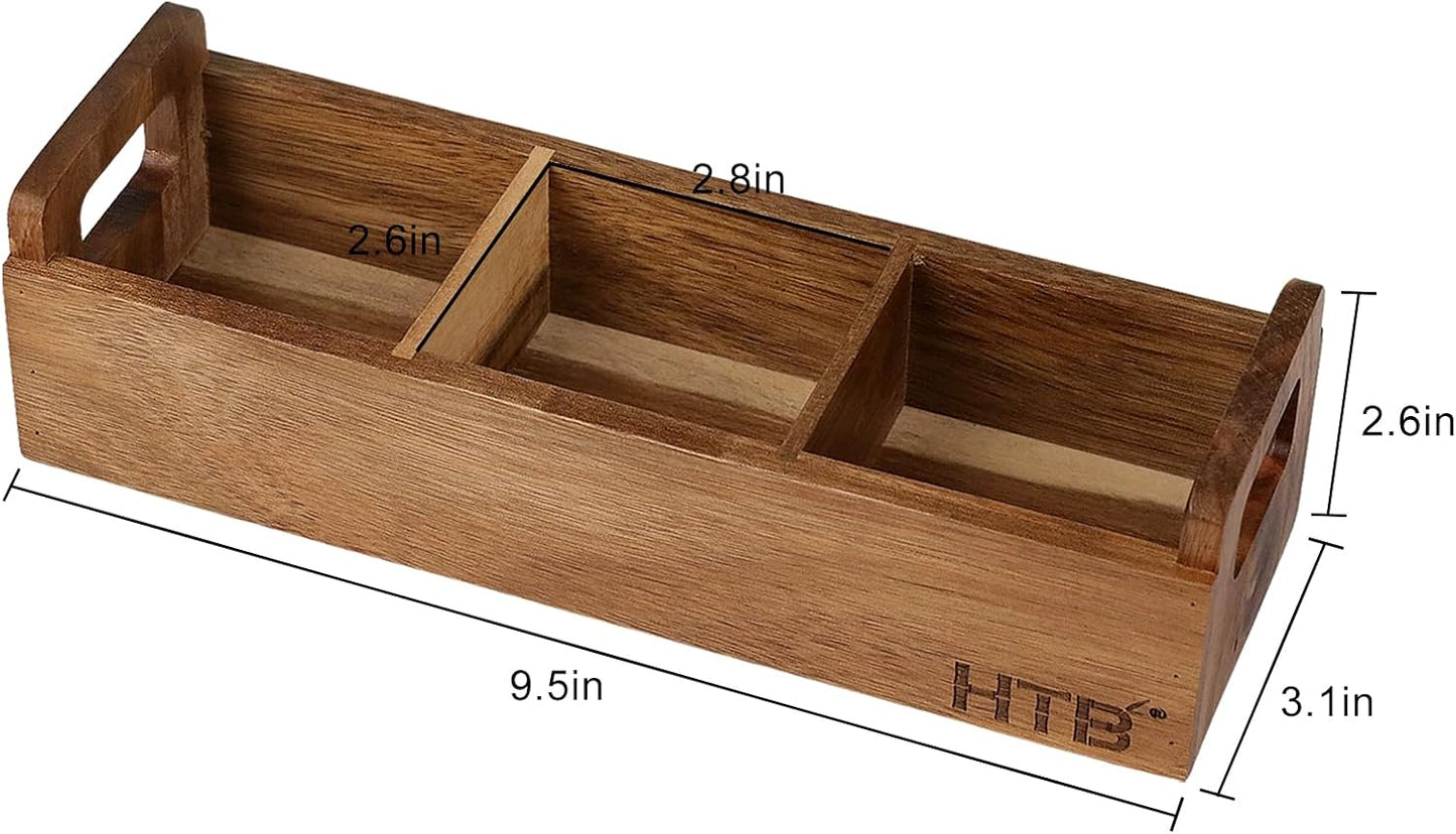 HTB 2 Pack Acacia Wood Small Tea Bag Box with 3 Compartments for Counter | Tea Bag Chest with Handle, Mini Countertop Divided Storage Container for Beverage Supplies, Sugar, Sweeteners