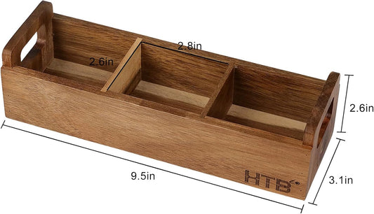 HTB 2 Pack Acacia Wood Small Tea Bag Box with 3 Compartments for Counter | Tea Bag Chest with Handle, Mini Countertop Divided Storage Container for Beverage Supplies, Sugar, Sweeteners