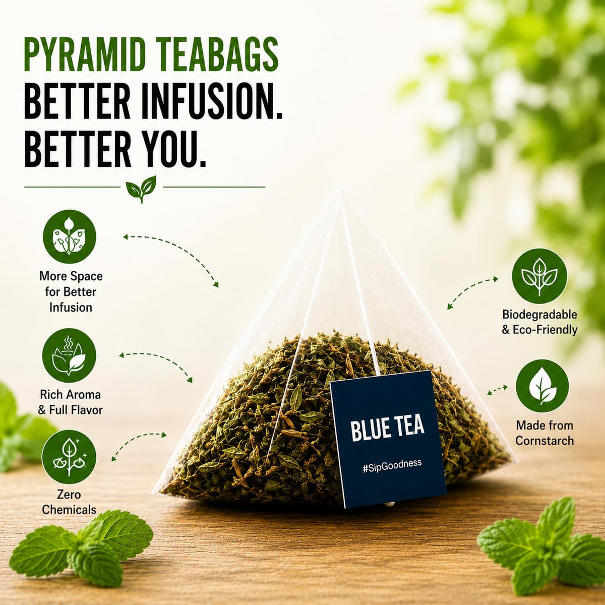BLUE TEA - Spearmint Tea - 100 Count - Pyramid Plant Based Tea Bag | PCOS RELIEF | Balances Hormones - Support Digestion