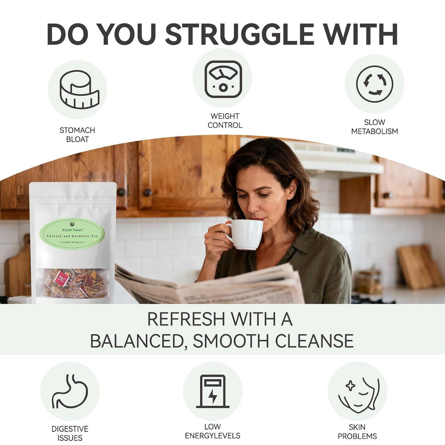 Kreain Nature Chicory And Gardenia Tea, Natural Sugar Free Blend with Honeysuckle, Licorice, and Tangerine Peel, Liver and Kidney Detox, Vegan &amp; Caffeine Free, 12 Teabags, 2 Pack