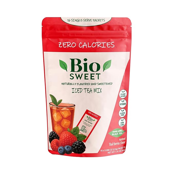 BioSweet Iced Tea Mixes - Red Berries Flavor, Zero Calorie Mix from Real Black Tea, Naturally Sweetened & Flavored, Non GMO, Gluten Free