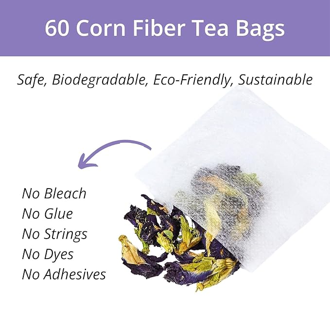 60 Dried Butterfly Pea Flower Tea Bags, VitalForest Butterfly Blue Pea Flower Tea, Premium Caffeine Free, Non-GMO, for Cooking, Iced Tea, Coolers