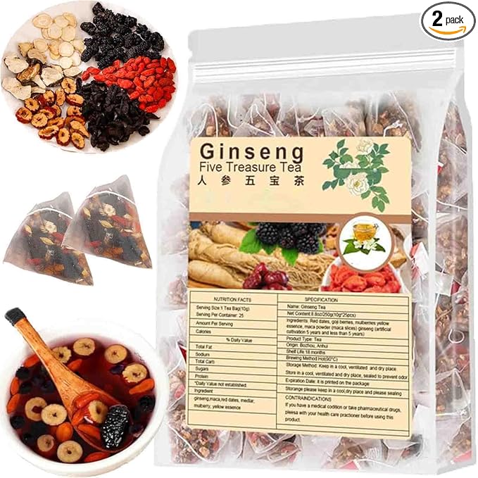 Kidney Tea Formula Ginseng Six Treasure Tea, Ginseng & Mulberry Five Treasures Teas, Chinese Kidney Cleanse Detox for Women & Men (1Bag(25pcs))