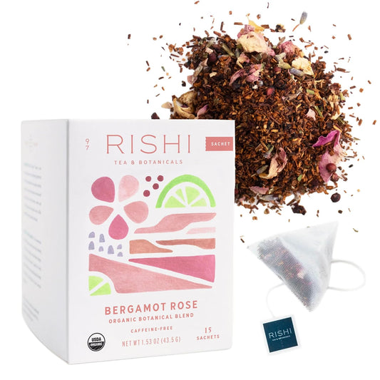 Rishi Tea Bergamot Rose Herbal Tea - Organic, Caffeine Free Sachet Bags, Floral and Citrus Botanical Blend - 15 Count