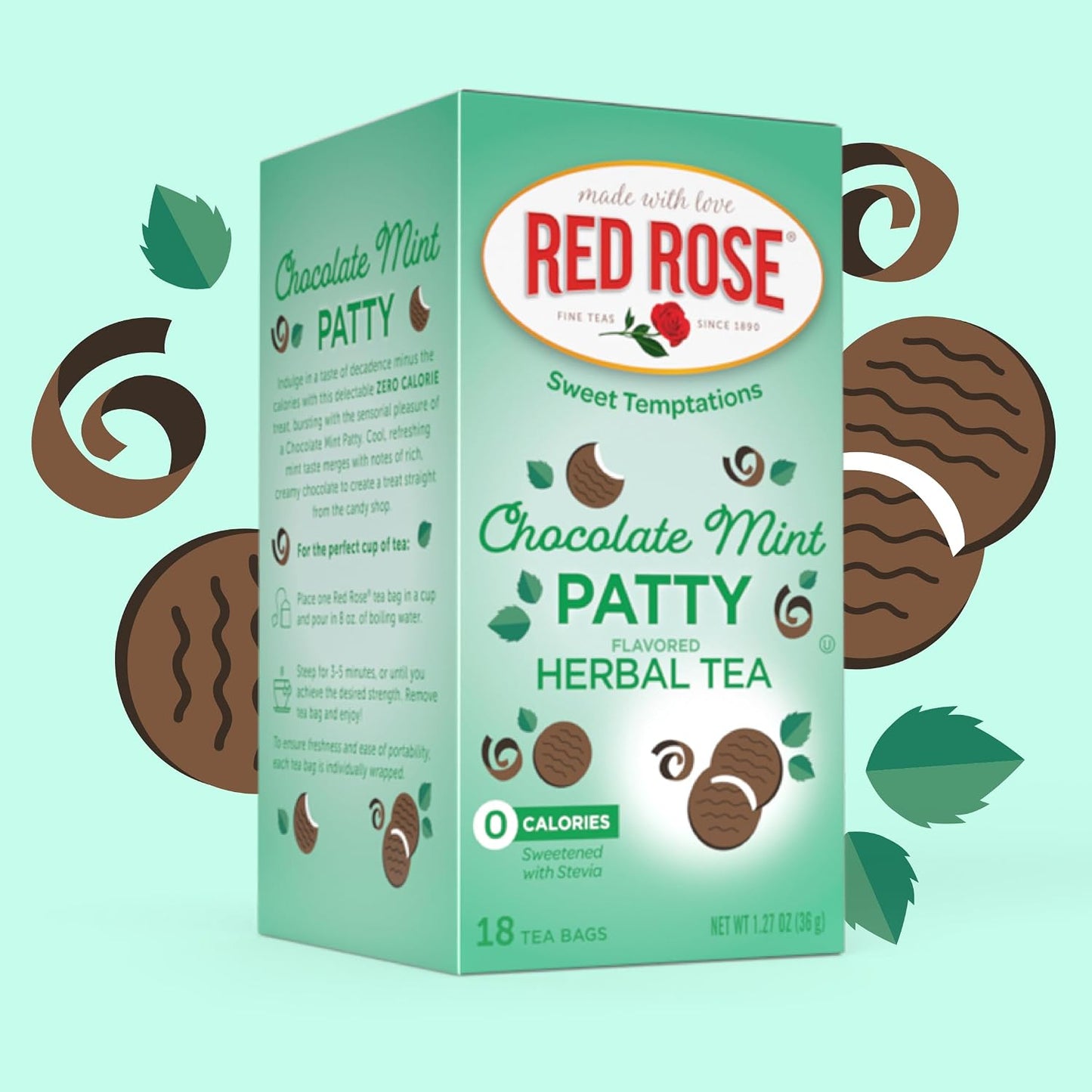 Red Rose Sweet Temptations Chocolate Mint Patty Dessert Herbal Tea, 6 Pack | Sweet, dessert-inspired herbal tea | Naturally flavored | Caffeine-free | Ideal sweet treat