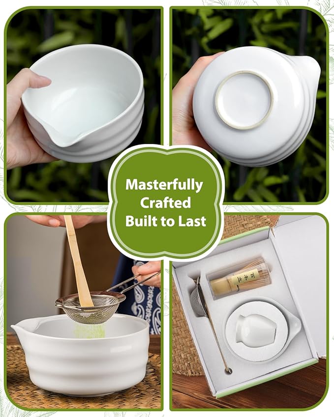White Matcha Whisk Set - 5PCS Matcha Set Includes 17OZ Chawan with Spout, Bamboo Chasen Whisk with Ceramic Holder, Mat cha Scoop and Stainless Sifter, Matcha Kit for Ceremony, Gift for Matcha Lovers