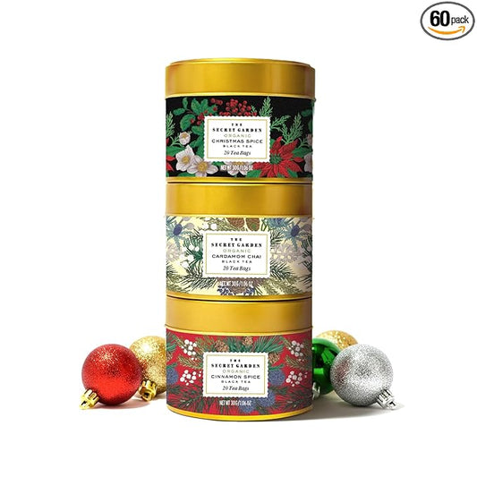Life Plus Style Gourmet The Secret Garden Organic Christmas Spice Black Tea 60 Tea Bags Stackable Gift Tin Cardamom Chai & Cinnamon Spice Holiday Tea Sets for Women Secret Santa and Stocking Stuffer