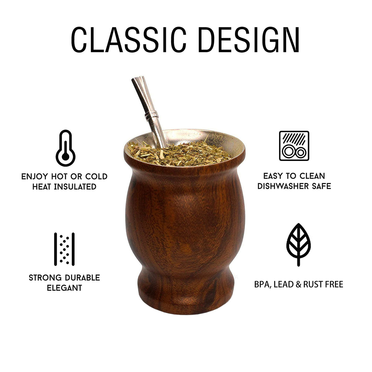 LA FEE Yerba Mate Natural Gourd/Tea Cup Set Brown (Original Traditional Mate Cup - 8 Ounces)，Includes Yerba Mate Straw &