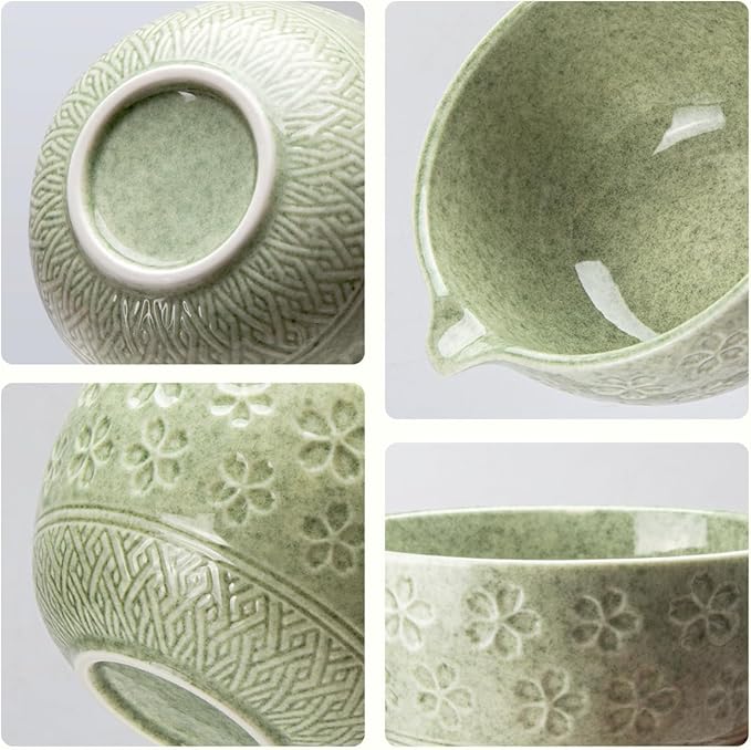 Green Sakura Matcha Whisk Set, 8 PCS Green Sakura Matcha Set Kit, Japanese Ceremonial Matcha Set Whisk and Bowl with Spout, Matcha Gift/Accessories