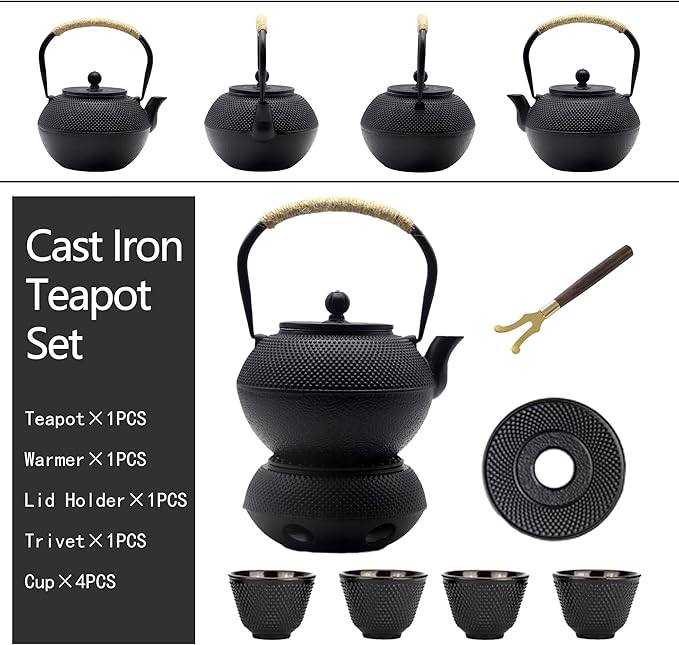 YJX 40.6oz Cast Iron Teapot Set with Warmer, Japanese Tea Set for Stovetop, 1200ml Black Tea Pot and Tea Cups Set