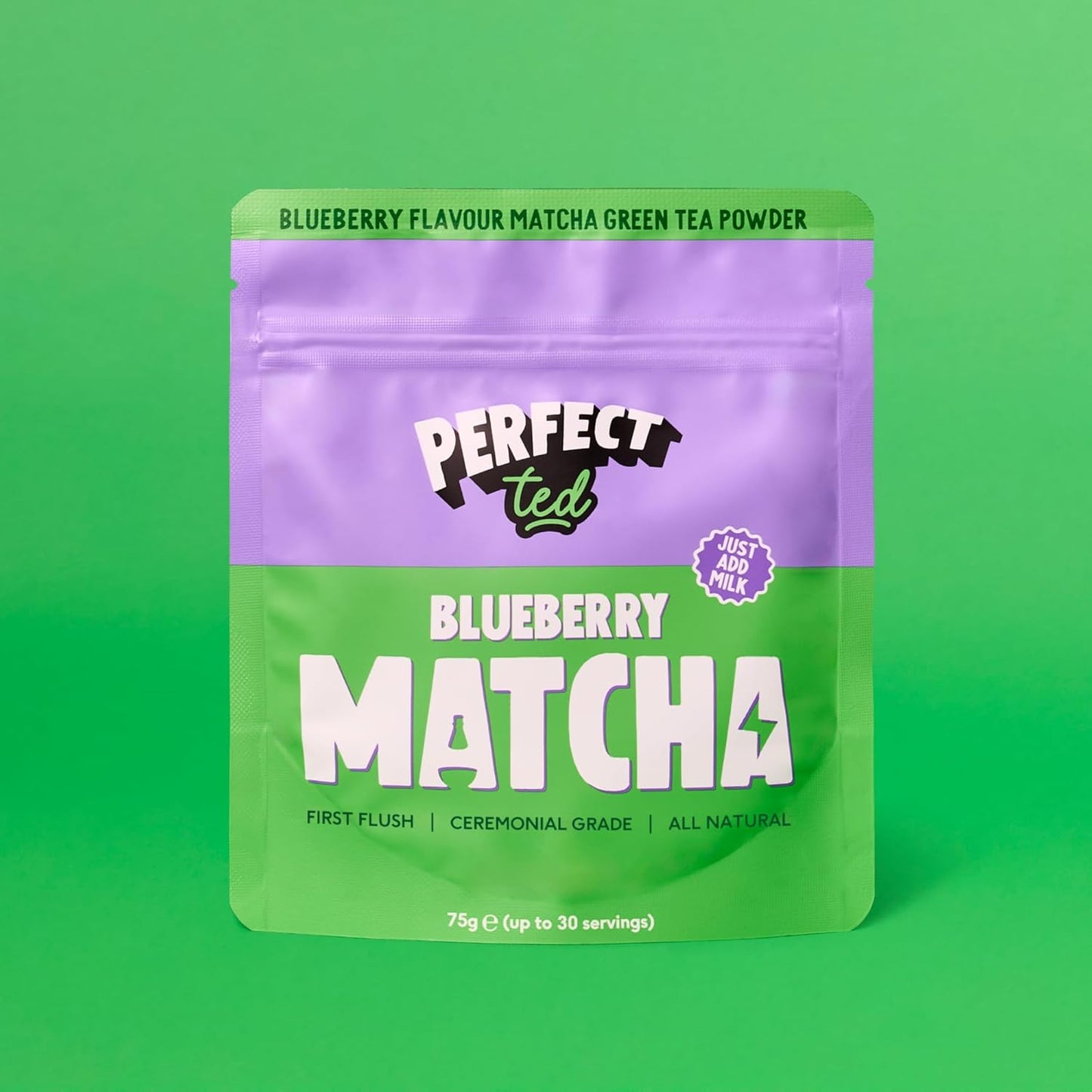 Perfect Ted Matcha Powder | Blueberry Flavor 75g | Matcha Powder Ceremonial Grade | Single-Origin Uji, Japan | Matcha Green Tea Powder (30 Servings) (75g, Blueberry)