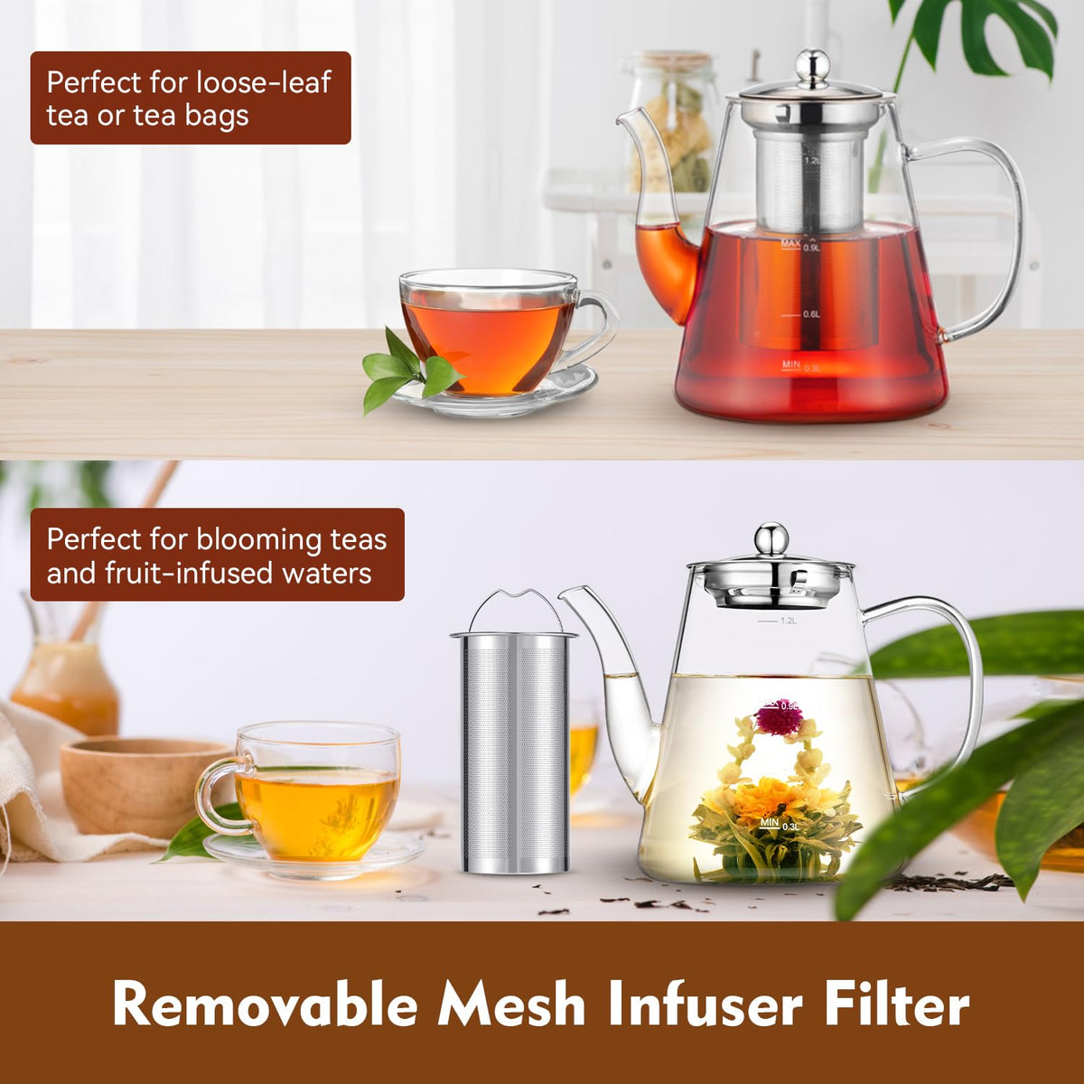 Zpose Glass Teapot, 1200ml (40oz) Tea Pot with Infuser for Loose Tea and Blooming Tea, Stovetop Safe Tea Kettle, Hand Crafted