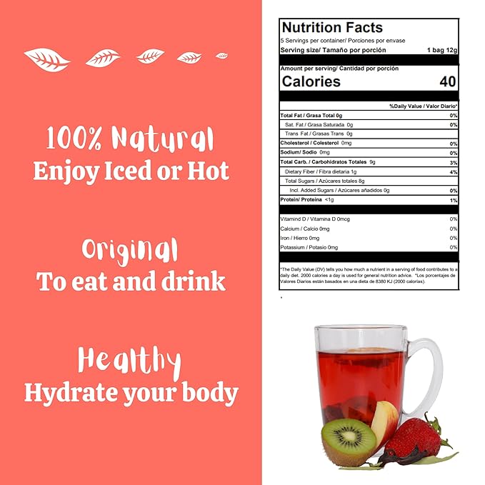 Alibú Dried Fruit Tea Infusions - Alegria - Strawberry, Apple, Kiwi, Hibiscus – Certified Vegan, 100% Natural, Hot or Iced, Caffeine Free