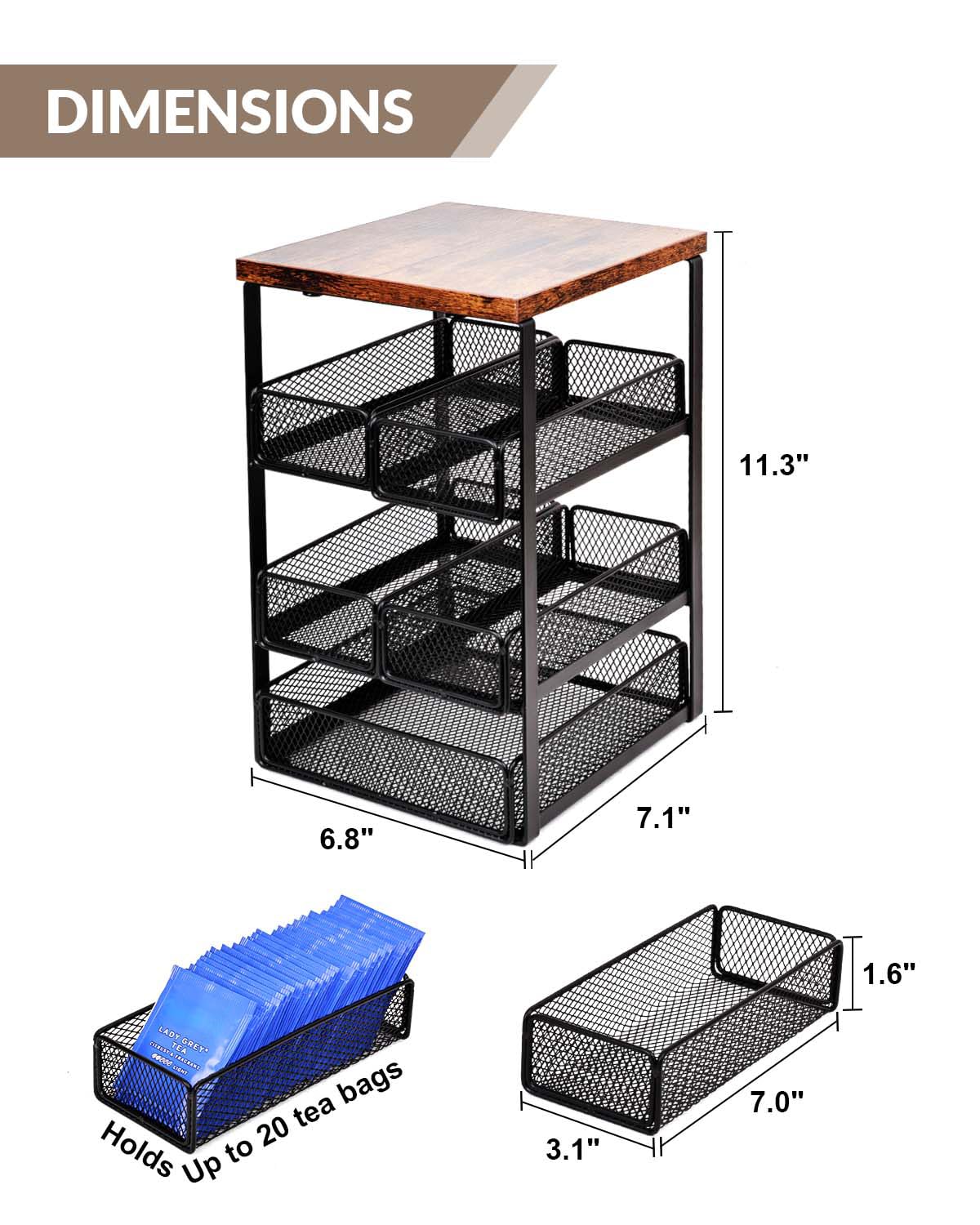IntreLife Tea Bag Organizer with 5 Drawers, Wooden & Metal Tea Storage Organizer for TeaBags, Coffee Pods, Creamers & Sugar –