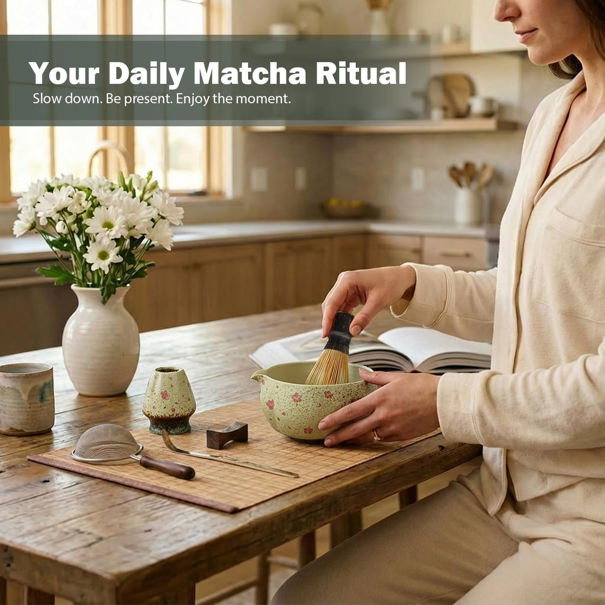 Matcha Set, 7-Piece Matcha Whisk Set with Bowl &amp; 100-Prong Whisk