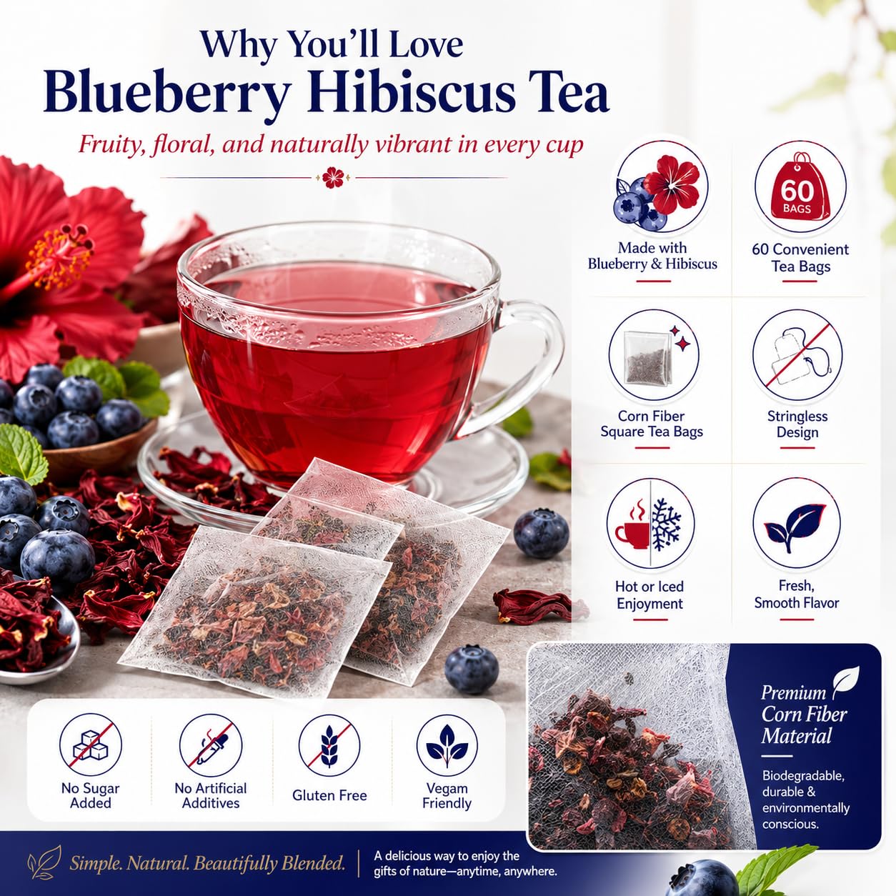 WOTIHA 60 Count Premium Blueberry Hibiscus Tea Bags - 100% Natural, Sweet &amp; Tangy Flavor, Rich in Antioxidants, Enjoy Hot or Iced, Caffeine-Free, Additive-Free, Sugar-Free, Vegan