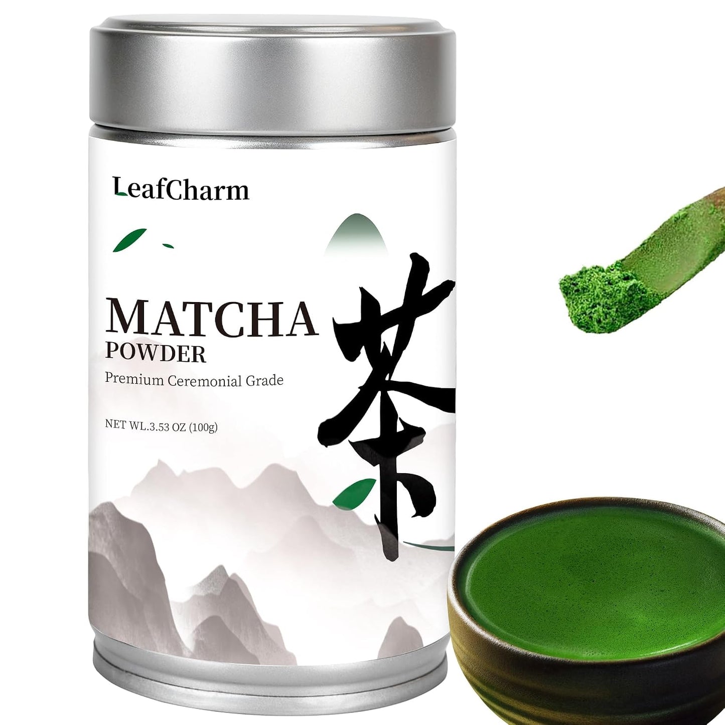 LeafCharm Ceremonial Grade Matcha Green Tea Powder 3.52 OZ - Vibrant Green &amp; Zero Bitterness, Smooth Umami Taste for Lattes &amp; Smoothies,100g (3.52 oz) Premium Tin