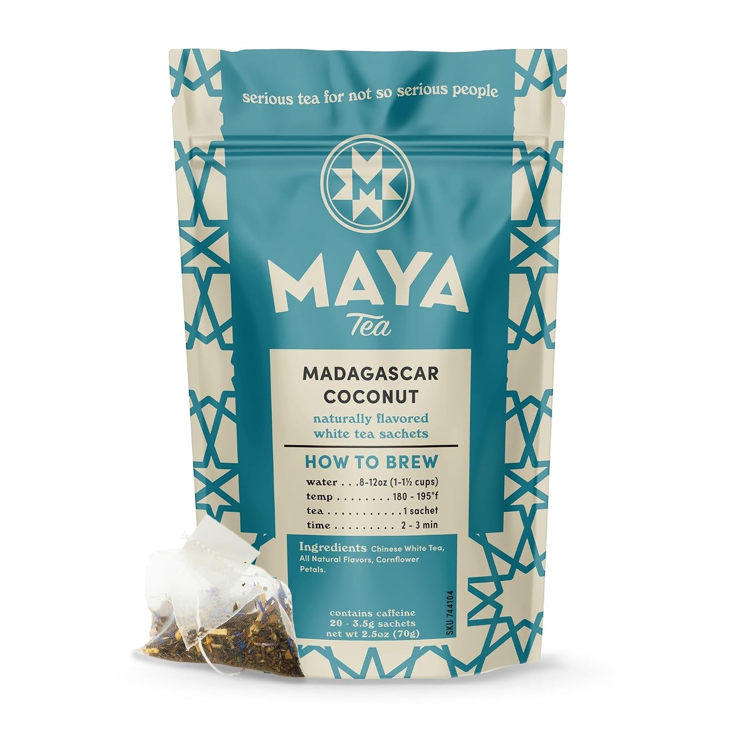 Maya Tea Madagascar Coconut Flavored White Tea Sachets, 20 Count | Caffeinated Shou Mei tea, coconut and vanilla natural flavors, cornflower petals, biodegradable sachets, hot or iced