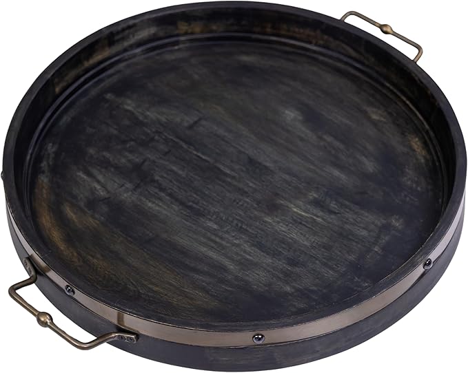 20” Large Round Ottoman Tray, Distressed Black Mango Wood, Rustic Farmhouse Style with Antique Brass Handles & Accent Strap, Large Coffee Table Tray for Tea, Breakfast in Bed, Living Room