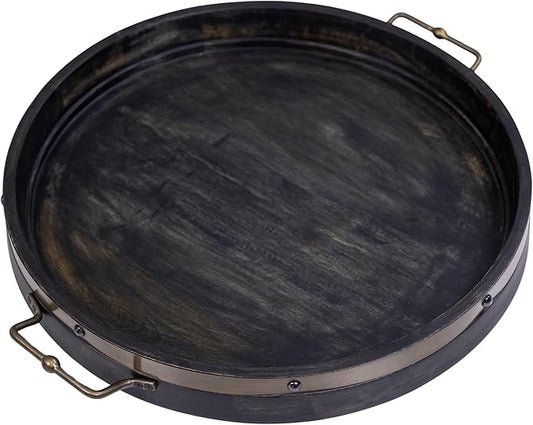 20” Large Round Ottoman Tray, Distressed Black Mango Wood, Rustic Farmhouse Style with Antique Brass Handles & Accent Strap, Large Coffee Table Tray for Tea, Breakfast in Bed, Living Room