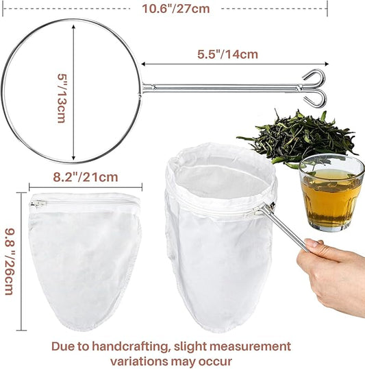 3 PCS Fine Mesh Strainer Bags - RAINFLOW Reusable Cheese Cloth Bag for Straining with Stainless Steel Handle Medium Size Food Grade Filter for Coffee Soy Milk Juices Yogurt and Tea(8x9.8inch)