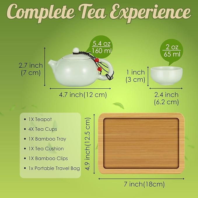 Flexzion Chinese Japanese Vintage Kungfu Gongfu Tea Set Portable Travel Teapot, (Jade Green Celadon/Greenware) Porcelain Ceramic Tea Pot, 4 Tea Cup, Bamboo Tea Tray, Tea Mat, Portable Travel Bag