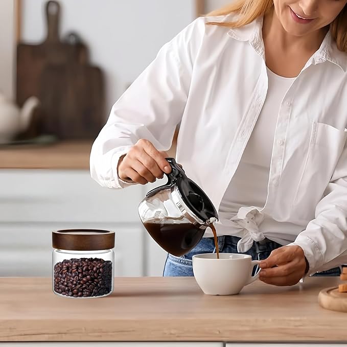 17 Fl oz/500 ml Glass Food Storage Jar, Premium Clear Glass Container Jar with Airtight Wooden Screw Lid, Kitchen Canisters for Coffee,Tea,Pasta,Cookies, Nuts,Spice,Candy,Overnight Oatmeal（Small)