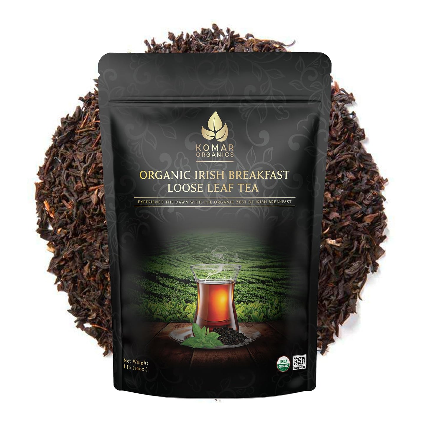 Komar Organics Irish Breakfast Tea – 16Oz USDA Organic Black Loose Leaf Tea – Certified Kosher Ceylon and Assam Black Tea Loose Leaf Rich in