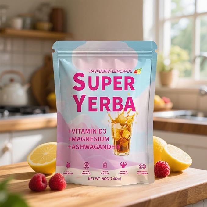 Super Yerba, 3-in-1 Formula with Low Sugar,Yerba Mate Instant Tea Powder,Clean Energy Drink,Raspberry Lemonade Flavor