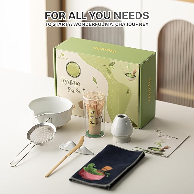 Matcha Whisk Set Black, 8 Pcs Matcha Set with Bowl (Chawan)/Whisk/Holder & Accessories, Matcha Kit for Ceremony, Traditional Tea Set for Making Latte