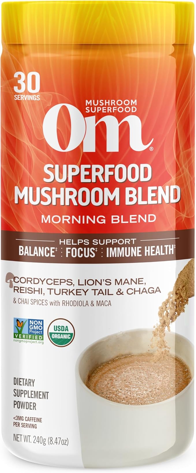 OM MUSHROOM SUPERFOOD Morning Energy Blend – Caffeine-Free Powder with Cordyceps, Lion’s Mane, Rhodiola & Vitamin D2 – Supports Energy, Focus & Endurance – 8.47 oz Canister (30 Servings)