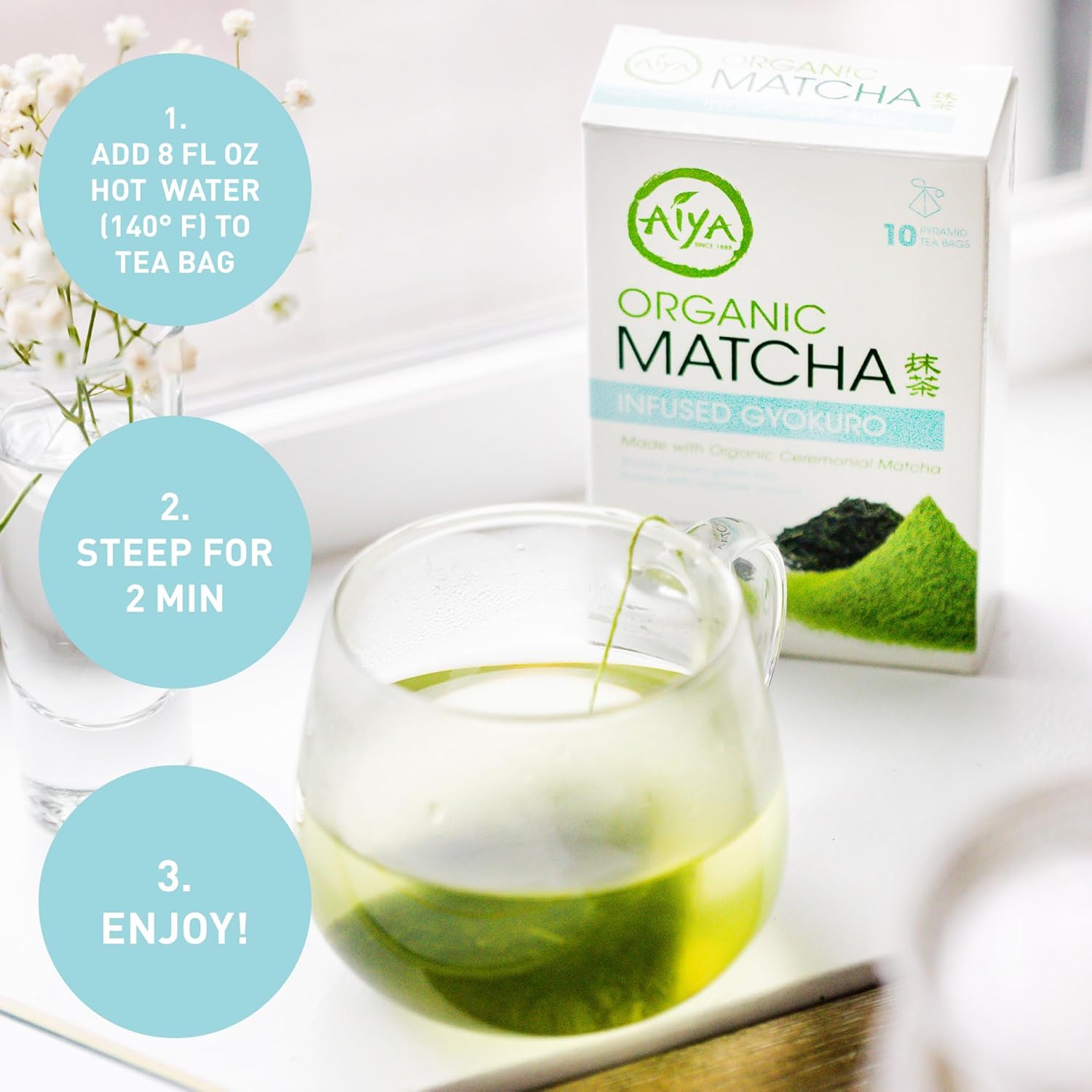 Aiya Organic Matcha Infused Gyokuro | Organic Ceremonial Matcha Green Tea, Organic Gyokuro | 10 Count