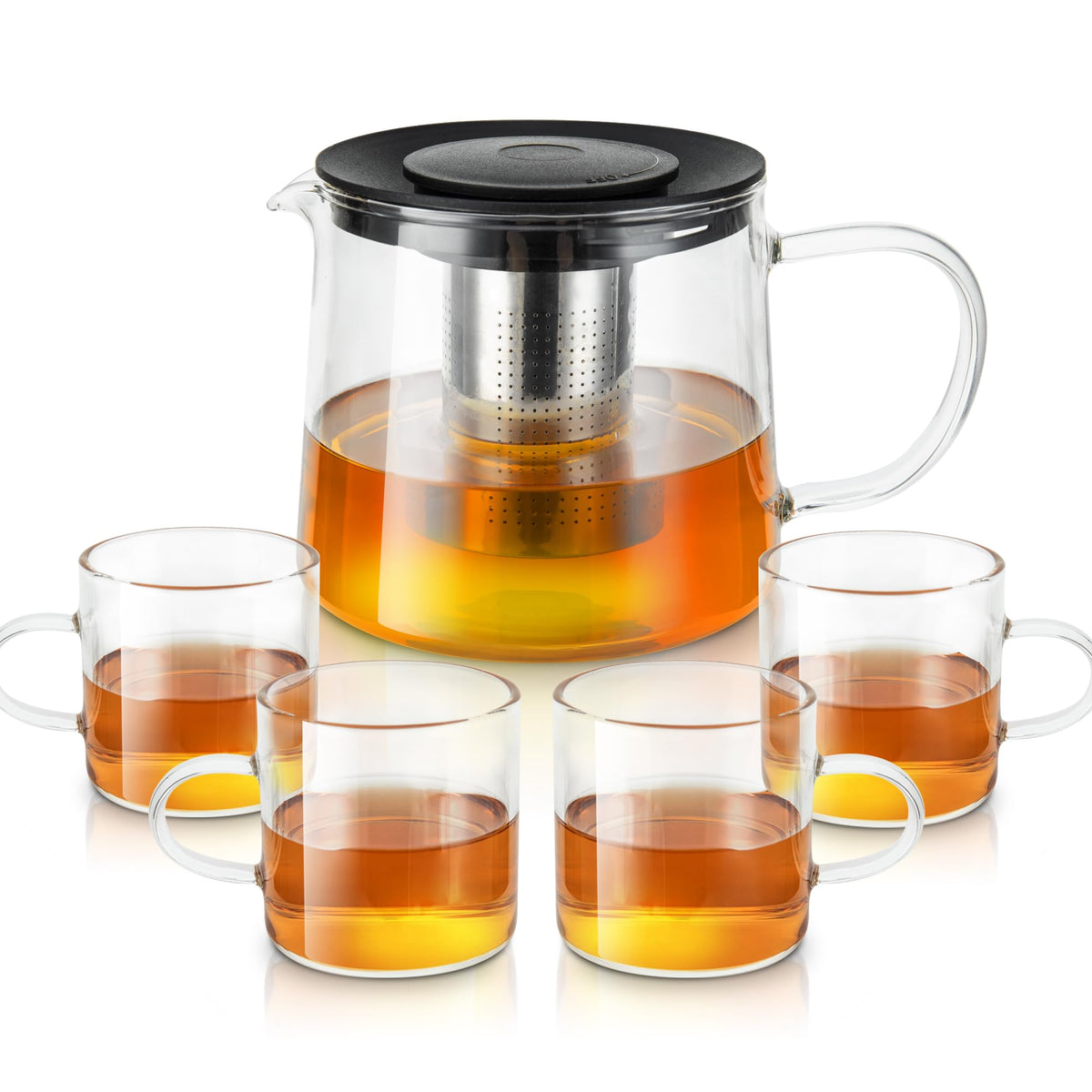 YMMIND Glass Teapot 34oz/1000ml with 4 Pack Tea Cups Gift Set, Removable Stainless Steel Infuser Tea pot, Heatproof
