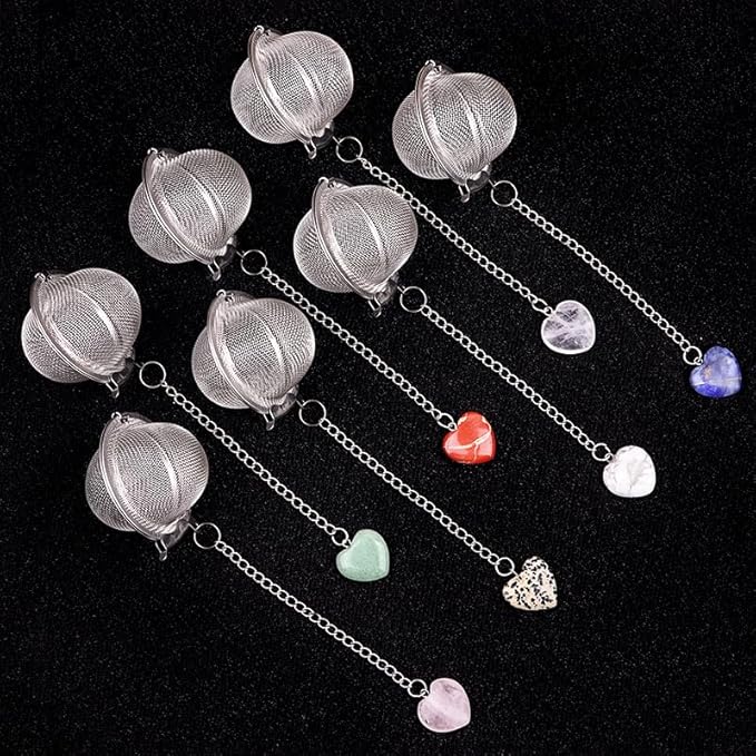 5 Pcs Tea Filter Stainless Steel with Heart Crystal Energy Stone Tea Strainers with Fine Mesh Extend Chain Hook Tea Ball Infuser for Loose Tea Leaves