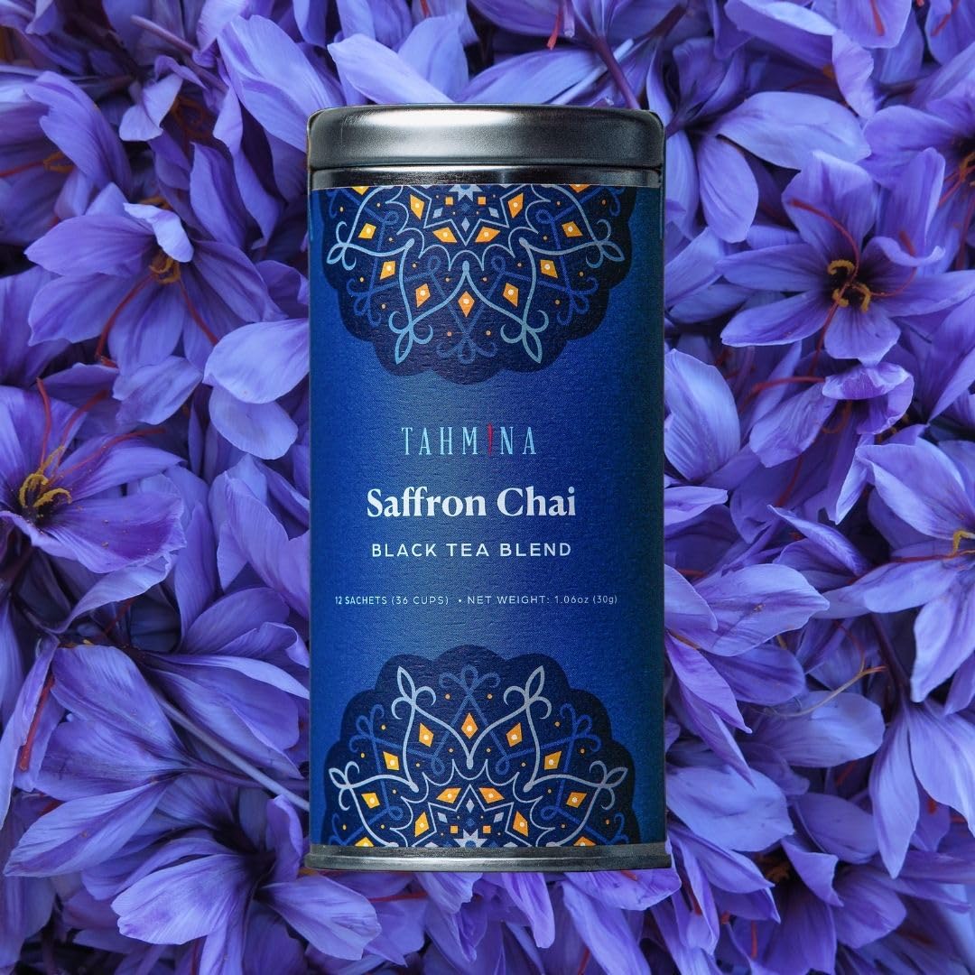 Tahmina Saffron Chai Tea: Assam Black Tea Blend with Saffron, Highly Caffeinated Tea, 12 Biodegradable Pyramid Tea Bags, Makes 36 Cups of Tea (1 Pack)