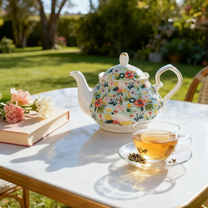 33.8 oz Porcelain Tea Pot Luxury Gold Trim Floral Ceramic Teapot Waterpot Tea Maker for Blooming Loose Leaf Tea Coffee Milk Chrismas Women Gift Housewarming Home Kitchen Décor (Mint)
