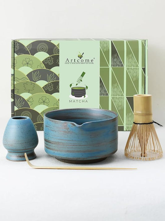 Artcome Japanese Matcha Bowl Set with Pouring Spout, Ceramic Matcha Whisk Holder, Bamboo Tea Scoop, Matcha Whisk, and Tea Manual