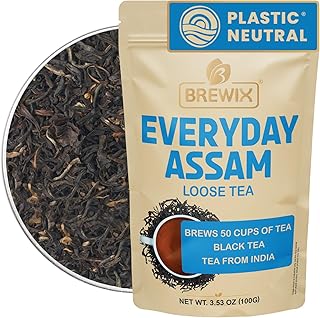 BREWIX, Assam Black Tea Leaves (50+ Cups, 3.53oz/100g) High Caffeine Gluten Free | Strong and Malty | Loose Leaf | Resealable Bag | Perfect for Strong Morning Tea