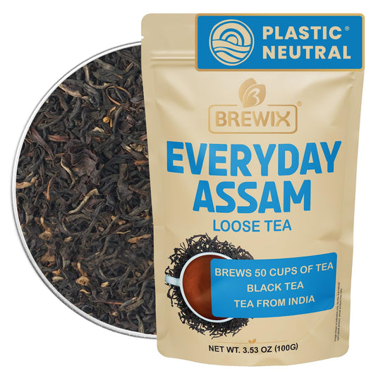 Brewix, Assam Black Tea Leaves (50+ Cups, 3.53oz/100g) High Caffeine Gluten Free, Strong and Malty, Loose Leaf, Resealable Bag
