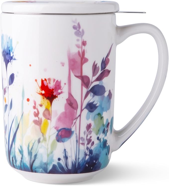 AmorArc Porcelain Tea Mug with Infuser and Lids, 18 Oz Large Cup Strainer with Bag Holder for Loose Leaf Tea